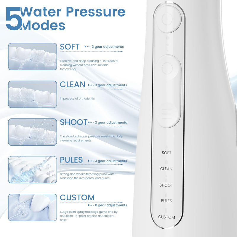 Water Flosser for Teeth with Detachable Washable Tank, 5 Modes Rechargeable Cordless Oral Irrigator, 300ml Portable Dental Flosser, IPX7 Waterproof for Home & Travel, White White 300ml