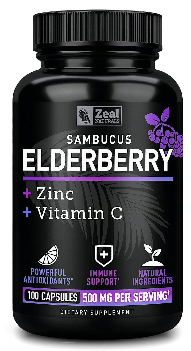 Zeal Naturals Max Strength Elderberry Capsules - 2000mg, 100 Capsules | Sambucus Black Elderberry, Vitamin C, and Zinc | 3-in-1 Immune Support Supplement for Adults
