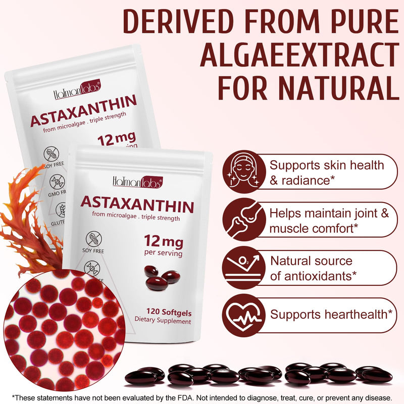 Astaxanthin Supplements 12mg 120 Softgels,Premium Astaxanthin Antioxidant Supplements,Triple Strength Skin Vitamins with Antioxidant Activity,Supports Eye, Joint, Brain, Heart & Immune System (1) 1 - BeesActive Australia