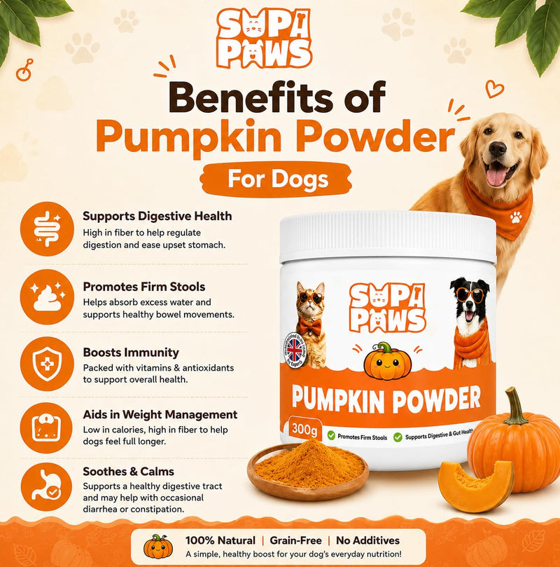 300g Pumpkin Powder for Dogs & Cats, 100% Pure Pumpkin Powder Dog Food Topper, Digestive Supplement, Naturally Rich in Prebiotics & Fibre for Dogs Gut Health & Healthy Stools 300g - Pumpkin Powder