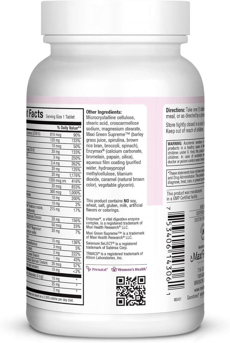 Maxi Health® Prenatal Vitamins for Women, Iron & Folate (60 Day Supply) | Kosher | Prenatal with Iron, Folate, Choline & D3 | Pregnancy Support | Non-GMO | Doctor Formulated 60 Count (Pack of 1)