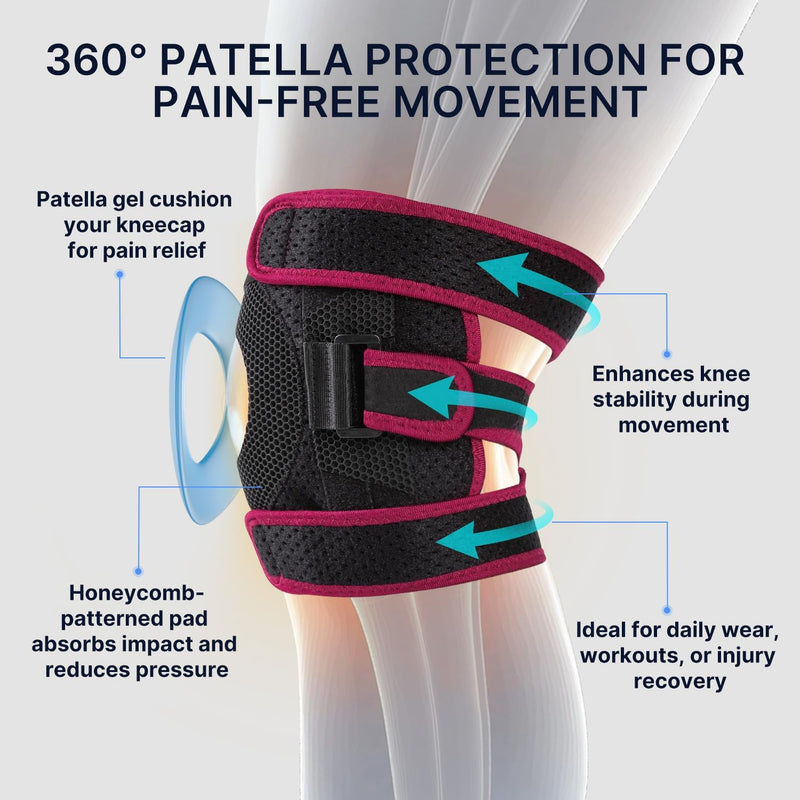 Fit Geno KneeXpert Knee Brace with Side Stabilizers & Patella Gel Pad - Adjustable Compression Support for Pain Relief, Meniscus, ACL, Arthritis, Running - M/L Garnet Medium / Large