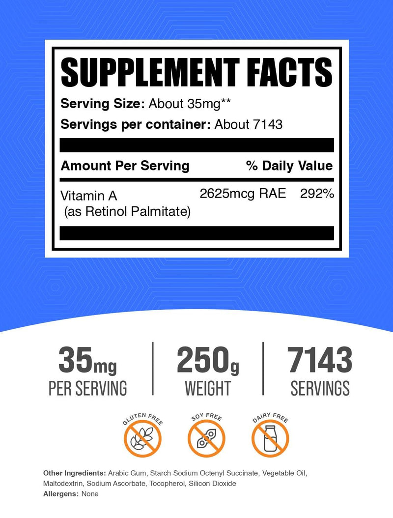 BulkSupplements.com Vitamin A Palmitate Powder - as Retinol Palmitate, Vitamin A Supplement for Immune & Eye Support - Gluten Free, 35mg per Serving, 250g (8.8 oz) (Pack of 1) 8.8 Ounce (Pack of 1)