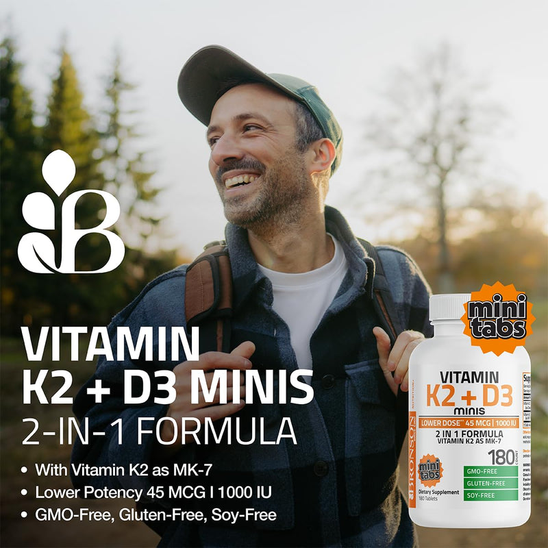 Bronson Vitamin K2 MK-7 45 mcg + D3 1000 IU (25 mcg), 360 Mini Tablets | Lower-Dose Daily Maintenance, Easy to Swallow, Bone Health Support, Non-GMO, Gluten-Free & Soy-Free 360 Count (Pack of 1)