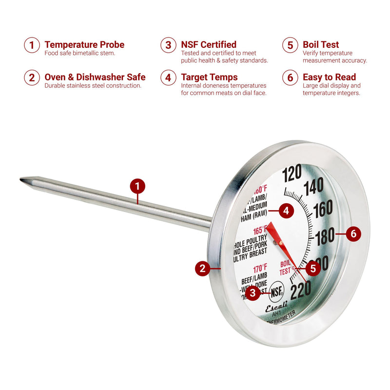 Escali AH1 2 Pack Oven Safe Meat Thermometers, Stainless Steel, Thermometer with 2.5 inch Large Dial, Oven and Grill Safe Temperature Gauge for Cooking, Roasting, Baking, Candy, Steak, Turkey Analog Silver 2 pack