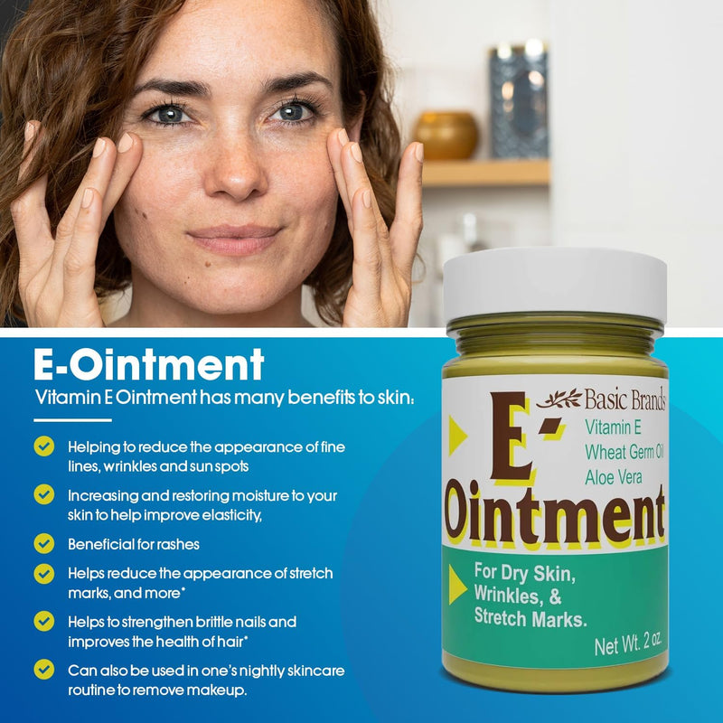 Basic Brands Vitamin E Ointment, 2 oz ‚Äì Moisture Enhancing ‚Äì Helps Reduce Appearance of Scars, Stretch Marks, Fine Lines & Wrinkles (Pack of 1) 2 Ounce (Pack of 1) Clear