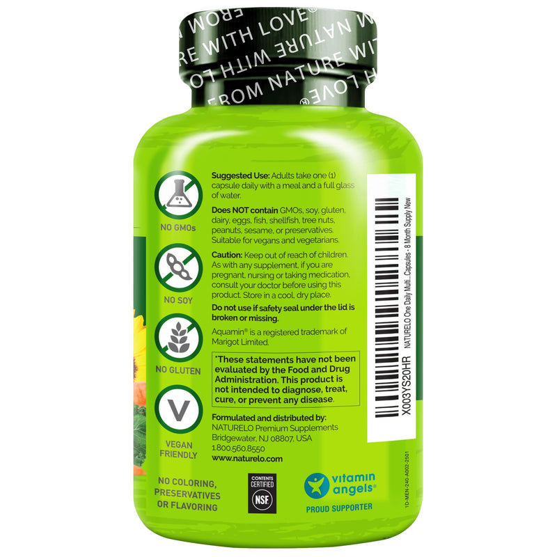 NATURELO Multivitamin for Men - One Daily, 240 Vegetarian Capsules | Vitamins, minerals & organic whole foods, non-GMO Unflavored 240 Count (Pack of 1)