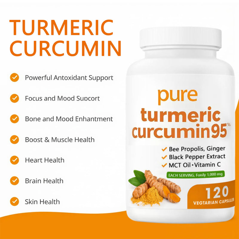 Turmeric Curcumin 95 1000mg - 95% Turmeric Complex Supplement with Bee Propolis, Ginger, MCT Oil, Fat Soluble Vitamin C, & Black Pepper, Non-GMO, Gluten Free, 120 Capsules