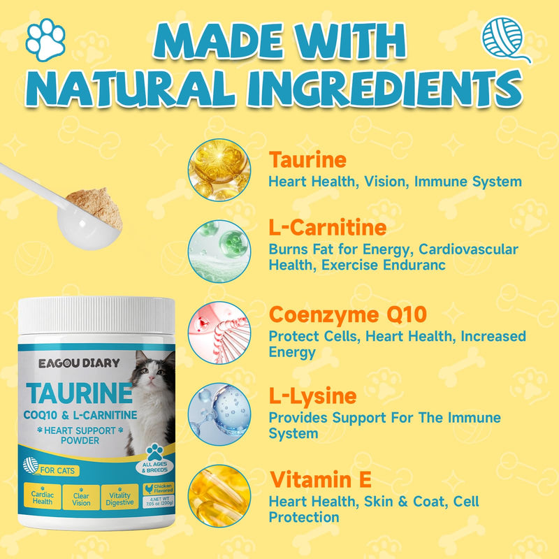 Taurine for Cats - Taurine Powder for Cats, Supports Feline Heart & Vision, Immune, Energy & Vitality, Coenzyme Q10, L-Carnitine, L-Lysine, Vitamin, Taurine Supplement for Cat Taurine Powder, 200g