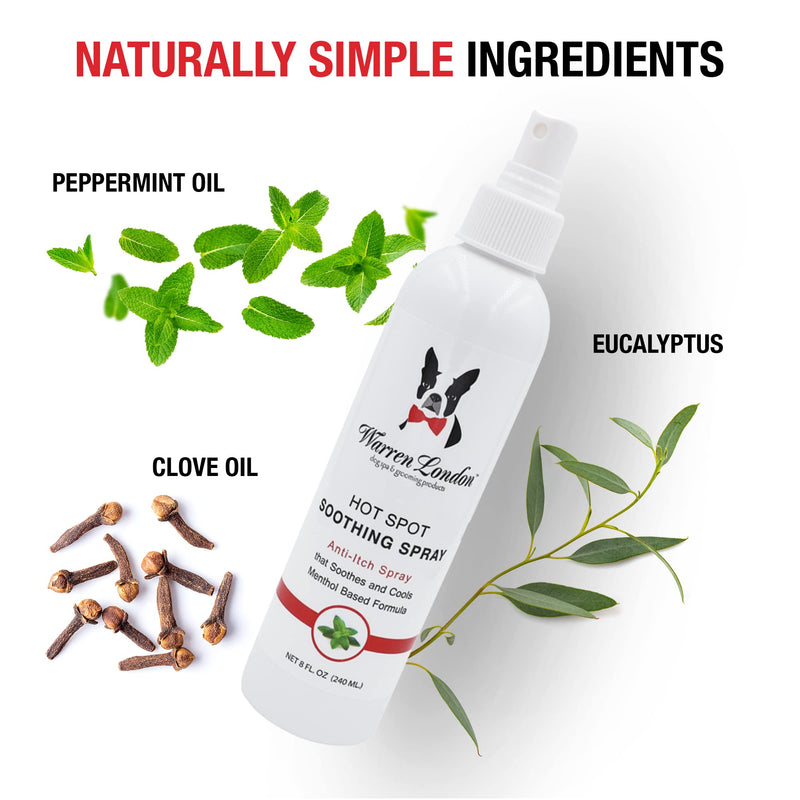 Warren London Dog Hot Spot Soothing Spray, Cooling Anti-Itch Spray with Menthol, Bitter Lick & Chew Deterrent for Dry Itchy Skin & Irritated Areas, Made in USA, 8 oz