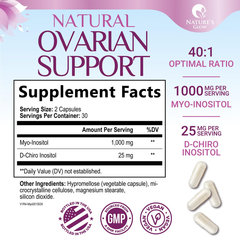 Myo-Inositol & D-Chiro Inositol 1025mg - 40:1 Ideal Ratio for Ovarian Support, Vegan Myo & D Chiro Supplement for Women's Natural Balance and Hormone Support, Vitamin B8, Non-GMO - 60 Capsules 60 Count (Pack of 1)