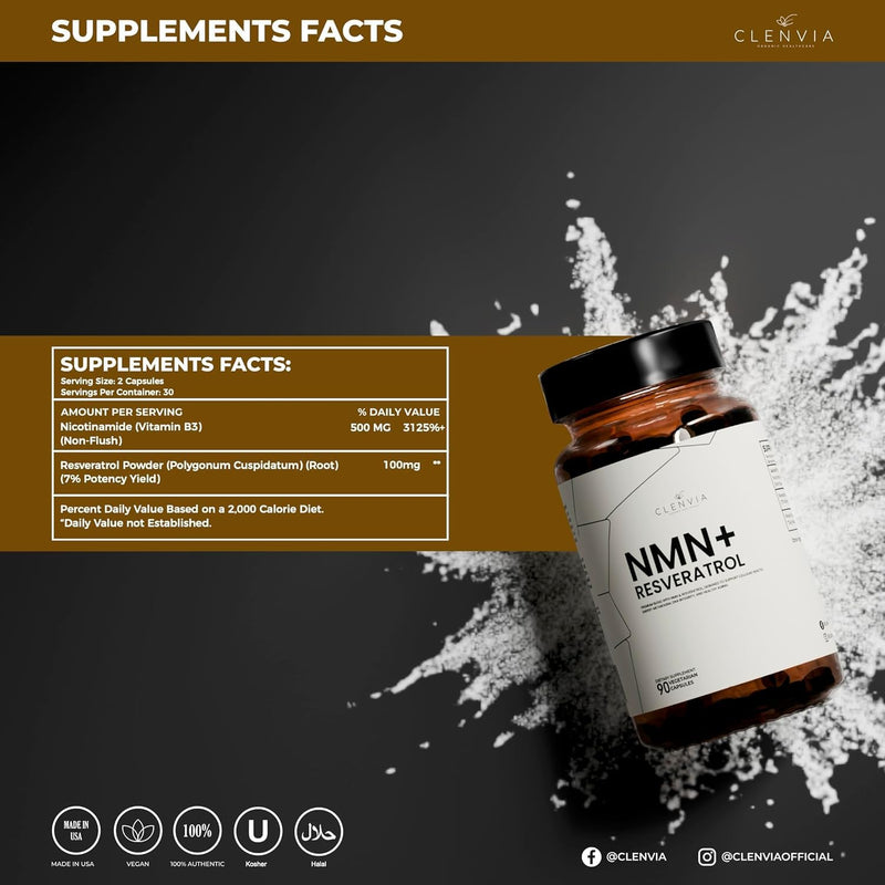 Premium NMN Supplement with Resveratrol – High Potency NAD+ Support Formula – >99.7% Purity – Third-Party Tested – Made in USA – 500mg Nicotinamide + 100mg Resveratrol – 90 Capsules