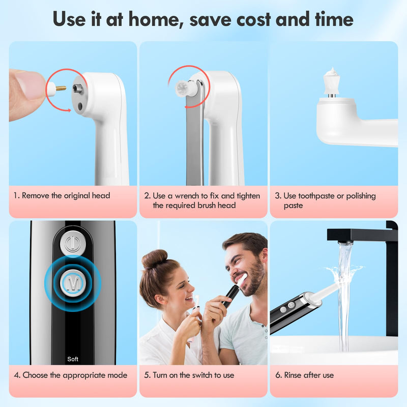 Tooth Polisher, Rechargeable Teeth Polisher for Daily Cleaning, Whitening and Polishing, Electric Dental Teeth Polishing with LED Light, 5 Brush Heads, 5 Speed Modes, Waterproof 1 Count (Pack of 1) White