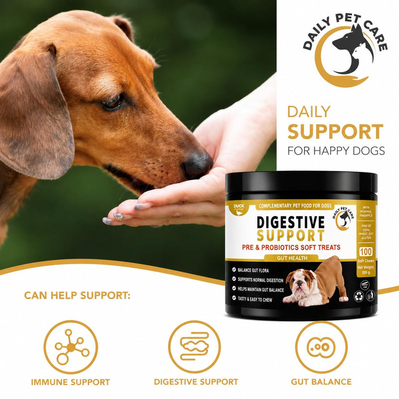Probiotics for Dogs – Dog Probiotic Soft Chews Duck Flavour with 5 Billion CFU Pre & Probiotics – Daily Digestive & Gut Support Supplement for Dogs – Pumpkin & Linseed Oil – 100 Chews