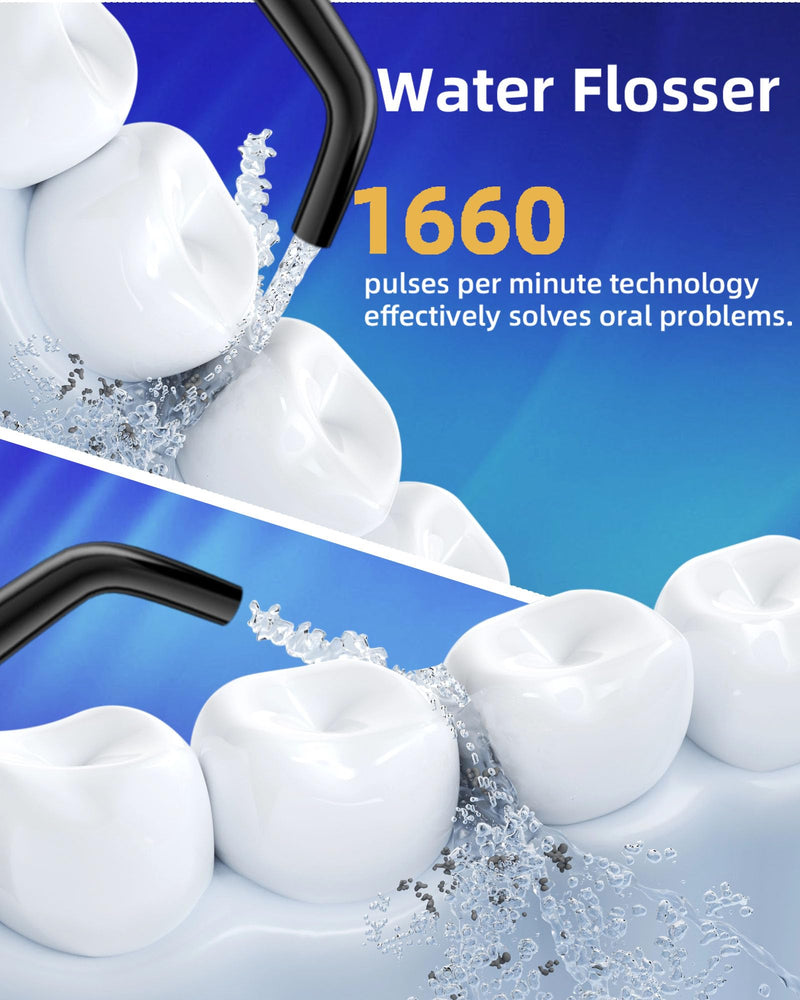 Electric Water Dental Flosser - Cordless Portable Teeth Cleaner, Rechargeable 320ML Larger Water Tank Oral Irrigator, 4 Modes with 5 Jet Tips and Travel Bag, IPX7 Waterproof (Black) Black
