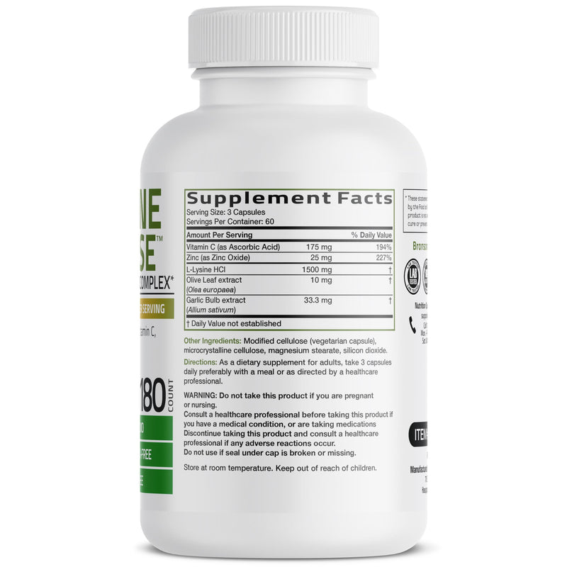 Bronson L-Lysine Defense Immune Support Complex, 1500 mg, 180 Capsules | Essential Amino Acid with Olive Leaf, Garlic, Vitamin C & Zinc, Vegetarian, Non-GMO, Gluten-Free & Soy-Free 180 Count (Pack of 1)