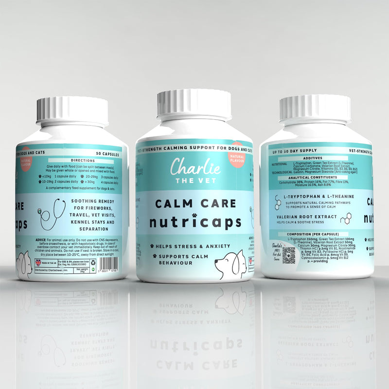 CharlieTheVet Calm Care, Salmon Flavour, Pet Calming Supplement, Capsules, Dogs & Cats, L-Tryptophan, L-Theanine, Valerian Root, 50 Capsules, Anxiety & Stress Relief