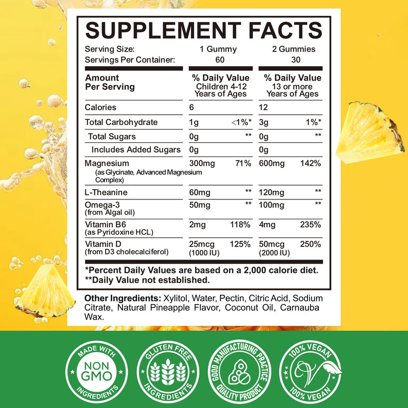 Magnesium Complex Gummies- Calm Chewable Gummies for Kids & Adults- Magnesium Glycinate Supplement-w/Omega-3, Vitamin B6, D3- Support Calm Stress Relief, Bones, Mood, Pineapple Flavor 60 Count (Pack of 1)