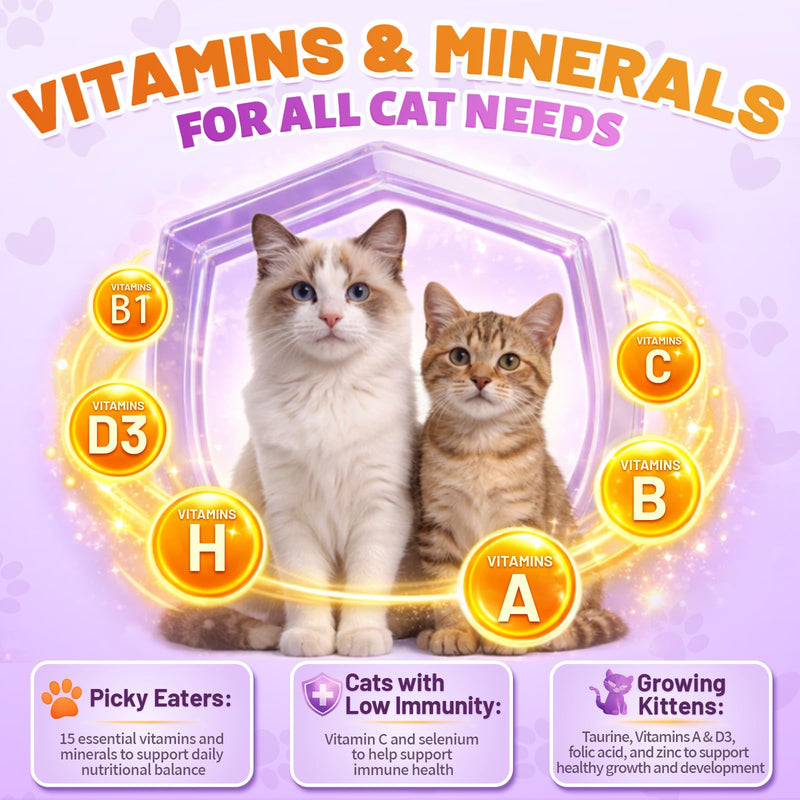 Cat Vitamins & Flea Prevention, Cat Multivitamin & Flea and Tick Support Treats with Taurine, Brewer’s Yeast & Omega-3 for Skin, Coat, Immunity & Daily Wellness, Chicken & Krill Flavor