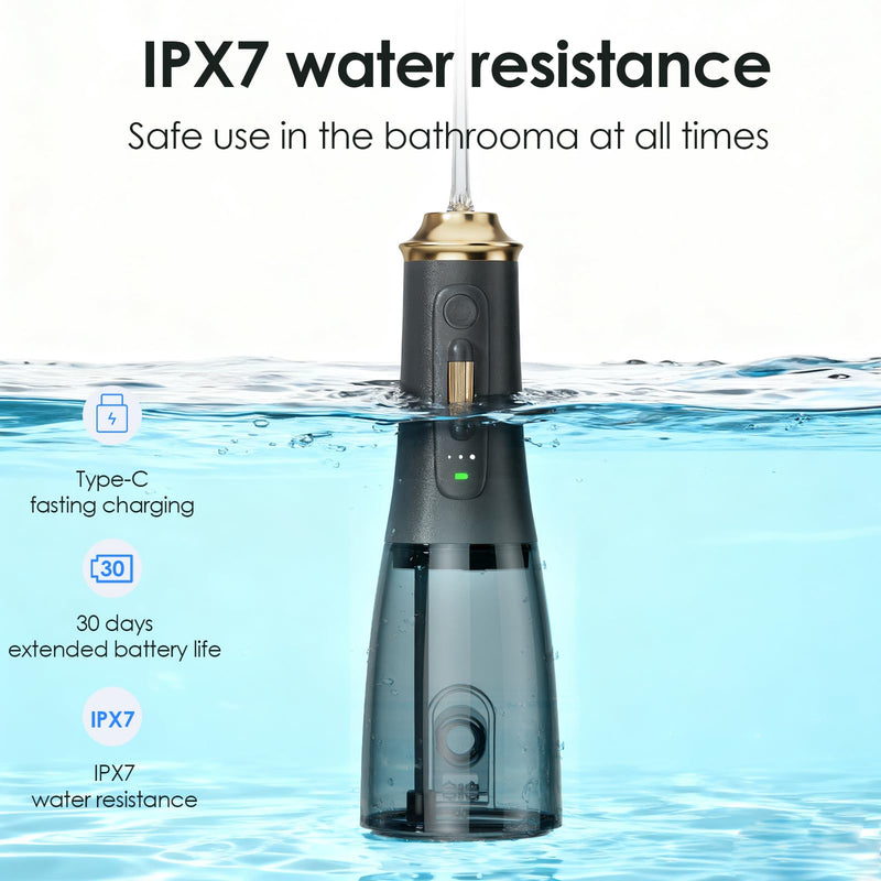 300ML Long-Lasting Battery Life Water Flosser Adjustable Pressure Oral Irrigator Flosser with 4 Interchangeable Nozzle Tips for Implants/Braces/Receding Gums (Black&Gold) Black&gold