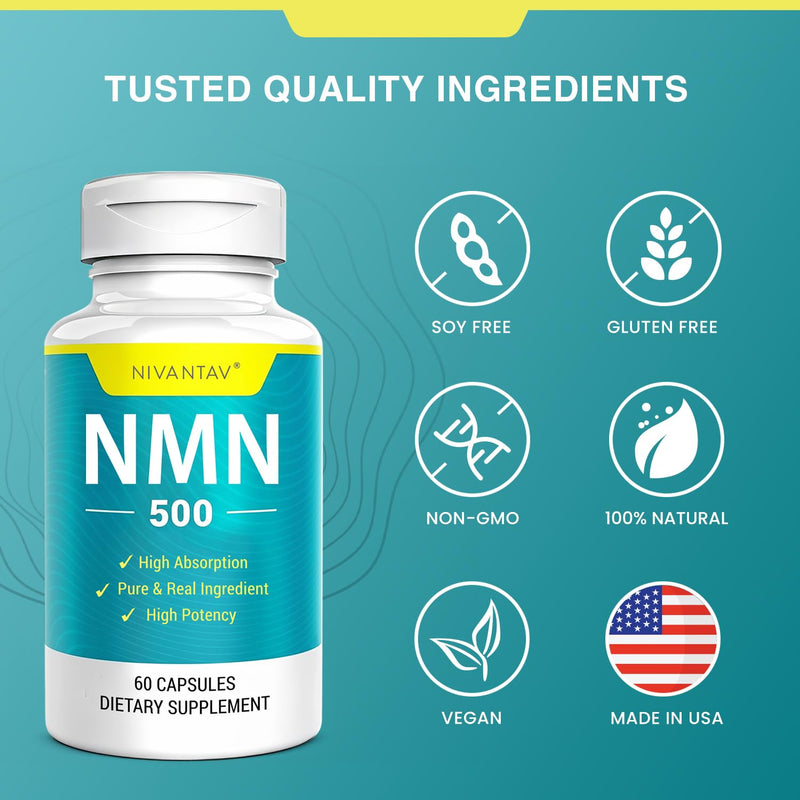 NMN Supplement, 99% Pure NMN 500mg for NAD+, 60 Capsules (60 Days Supply) | Stabilized NMN Supplement for NAD, Cellular Energy, Immune, Muscle, Skin, Anti-Aging & Longevity, Vegan, Higher Absorption 60 Count (Pack of 1)