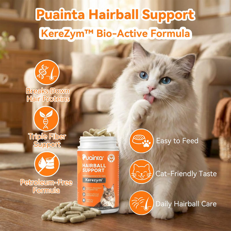 PUAINTA Cat Hairball Control – Alternative to Hairball Gel & Paste, Hairball Remedy for Cats, No Mineral Oil, Easy Capsule Supplement for Hairball Relief, Reduce Shedding, Skin & Coat (90 Count) 90 Count