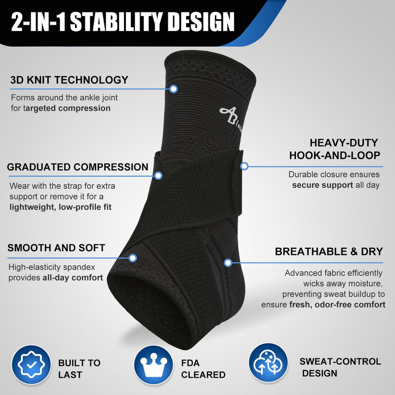 ABIRAM Ankle Brace for Men & Women - Adjustable Compression Sleeve with Wrap for Sprained Ankle, Plantar Fasciitis, Achilles Tendonitis - Breathable Support for Running, Volleyball, Basketball - L Black Large - BeesActive Australia