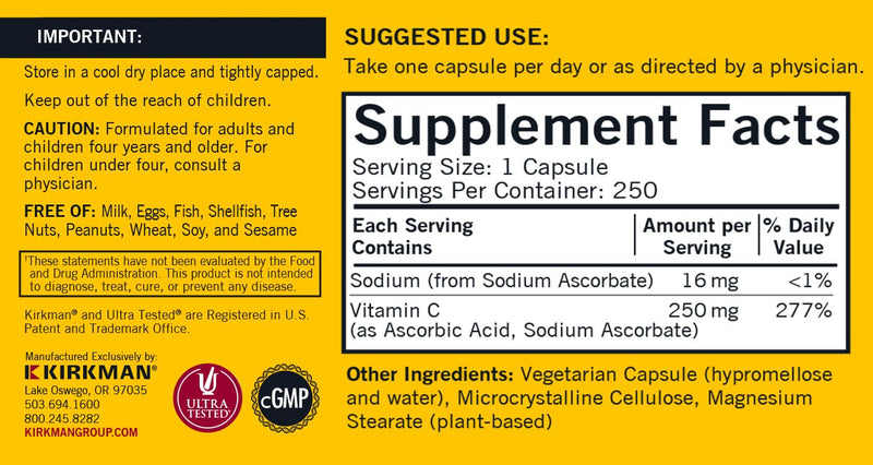 Kirkman - Vitamin C 250 mg - 250 capsules - Powerful Antioxidant - Supports Immune Health - Hypoallergenic