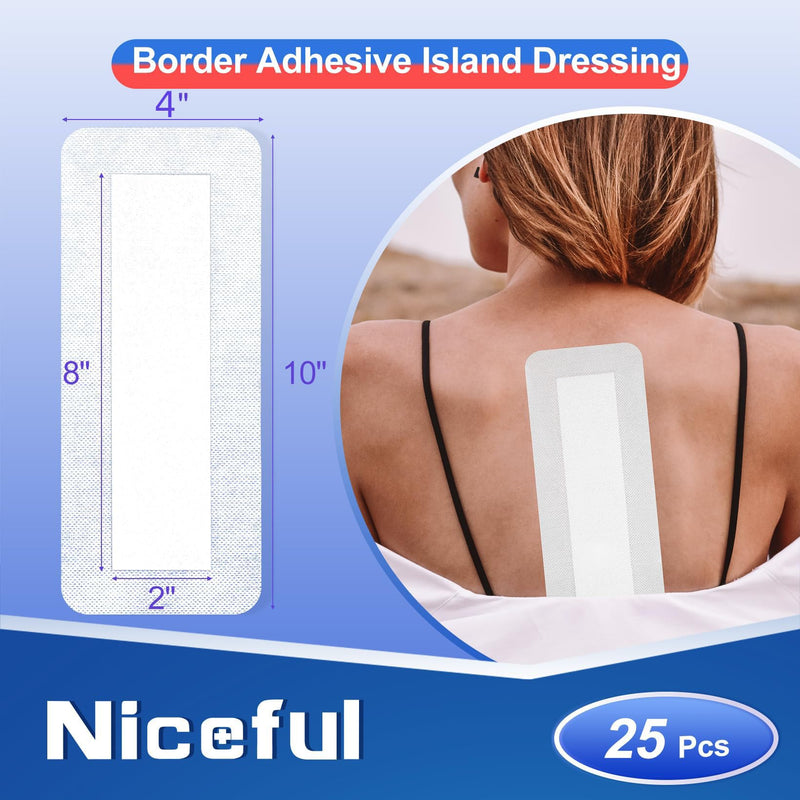 Niceful 25Pcs Island Dressing Bordered Gauze 4"x10", Water-Resistant Large Adhesive Bandages, Absorbent Wound Dressing Pads Bandages Large Wound Care 4"x10"(25 Pcs)