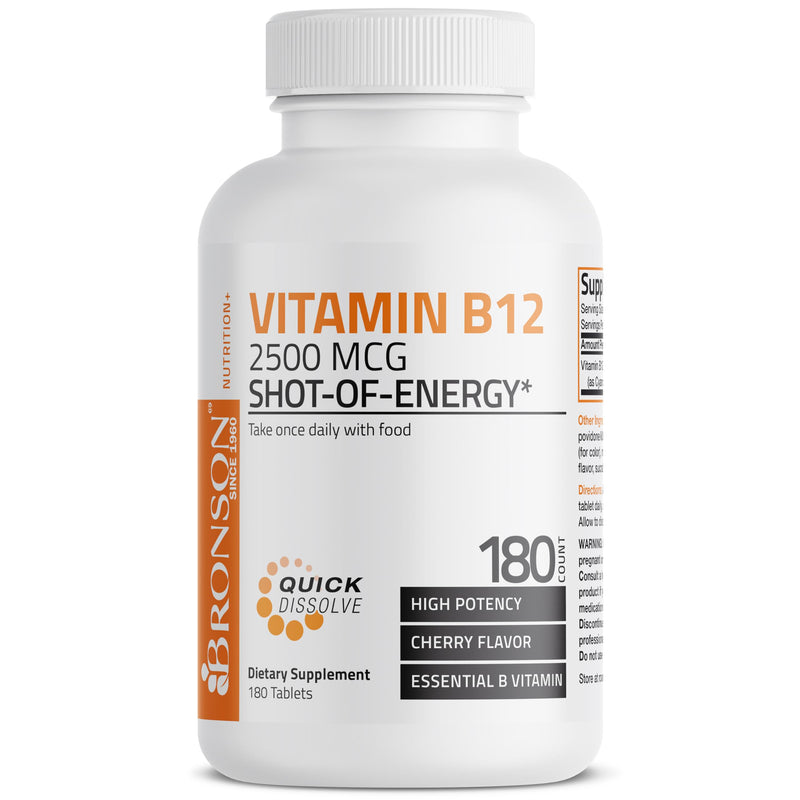 Bronson Vitamin B12 2500 mcg Fast Dissolve Sublingual Cherry, 180 Tablets | B12 as Cyanocobalamin, Supports Energy Metabolism, Red Blood Cell Formation, Nerve & Brain Function 180 Count (Pack of 1)