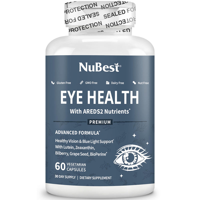 NuBest AREDS 2 Eye Vitamins with Beta Carotene Carrot Powder, 20mg Lutein, 4mg Zeaxanthin, Bilberry, Grape Seed, BioPerine, B-Complex, Multivitamin for Eye Health | 1 Month Supply 60 Count (Pack of 1)