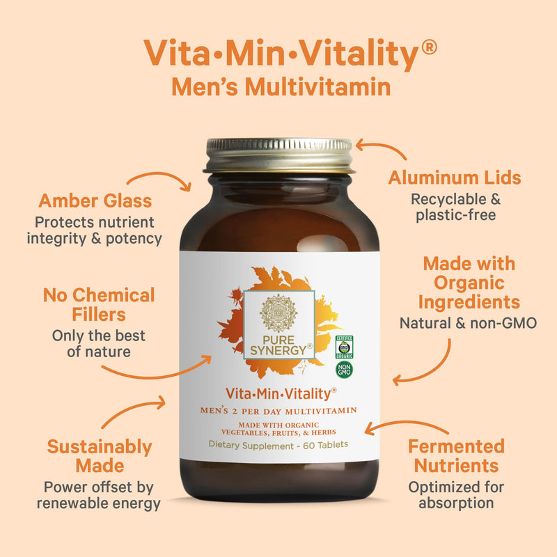 PURE SYNERGY Vita·Min·Vitality Multivitamin for Men (60 Tablets) | Men's Daily Multivitamin, Made with Organic Whole Foods, For Energy, Stress, & Immune Support