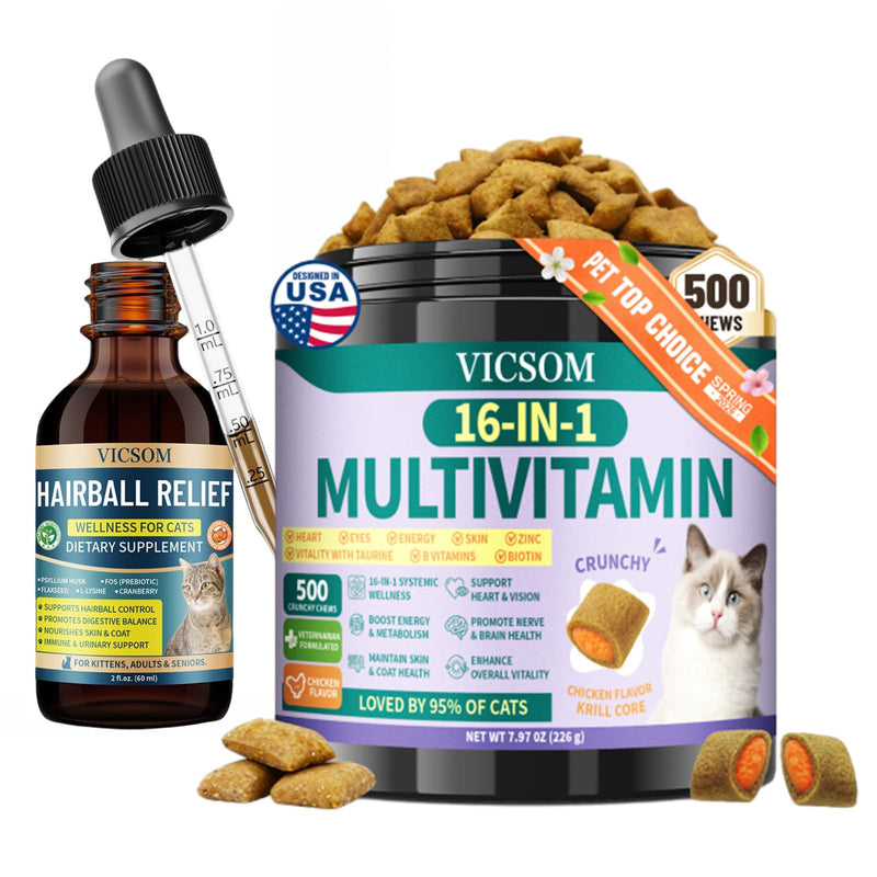 VICSOM Cat Hairball Remedy & Taurine Multivitamin Bundle, Liquid Hairball Support Drops + 16-in-1 Cat Vitamins Chews, Digestive, Immune, Heart, Skin & Coat Support, Chicken Flavor