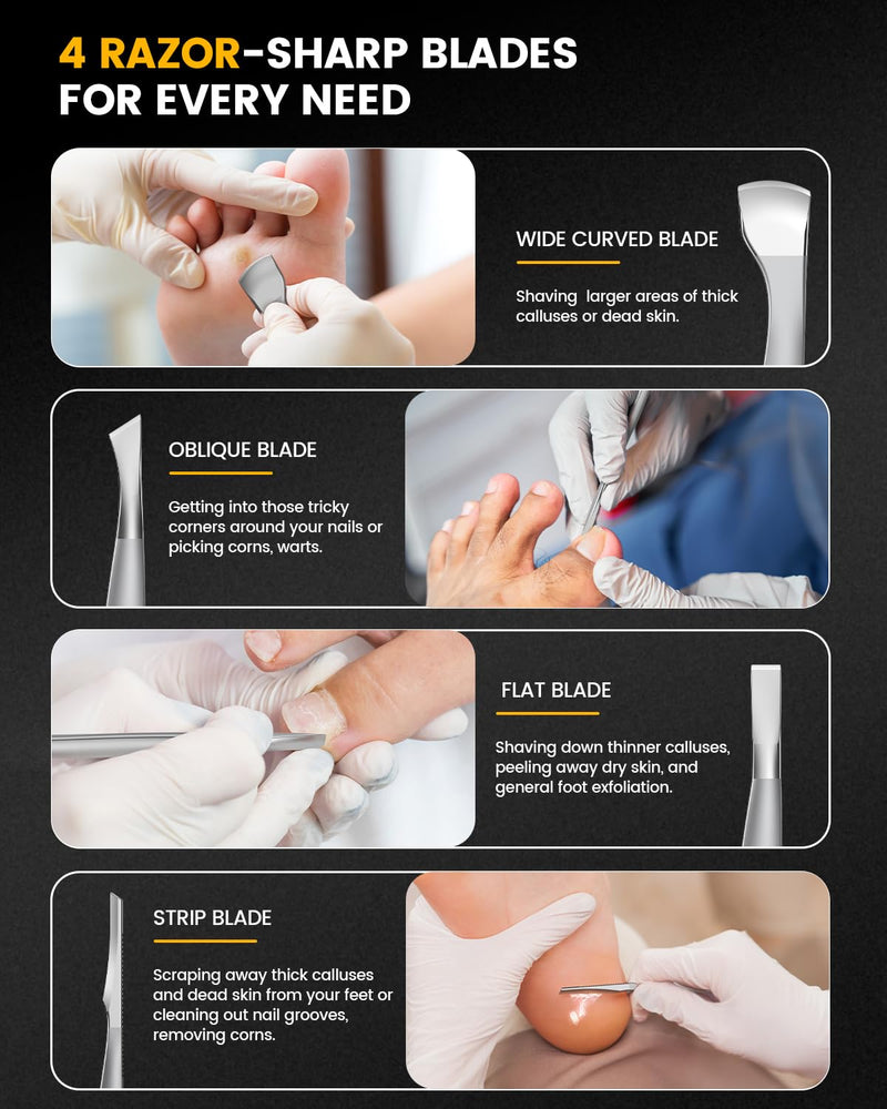 BEZOX 4PCS Pedicure Knife Tools – Professional Ingrown Toenail Removal Kit, Callus Shaver & Corn Scalpel, Foot Peeling Razor Toe Nails Blades (PU Leather Case Included) - Silver