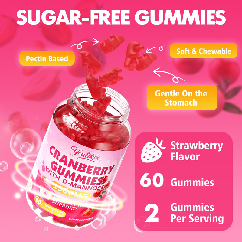 Vegan Cranberry Gummies with D Mannose - Supports Urinary Tract Health for Women & Men, Sugar-Free, Non-GMO and Gluten Free, Strawberry Flavor, 60 Count 60 Count (Pack of 1)