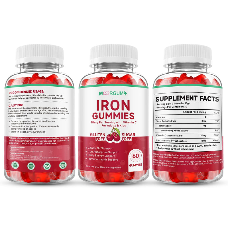Iron Gummies with Vitamin C, High Absorption 18mg Iron Supplements for Adults & Kids, Blood Builder & Energy Support for Women and Men, Gentle on Stomach, Cherry Flavor, 60 Count