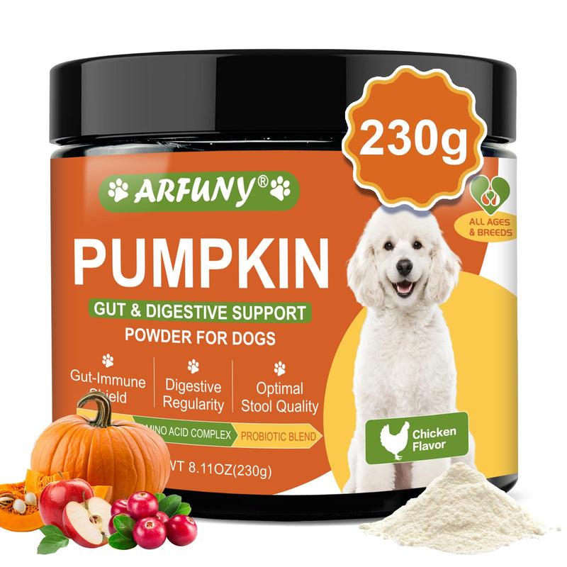 Pumpkin Powder for Dogs - Pumpkin for Dogs with Probiotics, Apple, Cranberry - Rich in Fibre for Gut Health, Digestion, Healthy Stool - Also Support Urinary Tract, Skin, Coat - Chicken Flavor