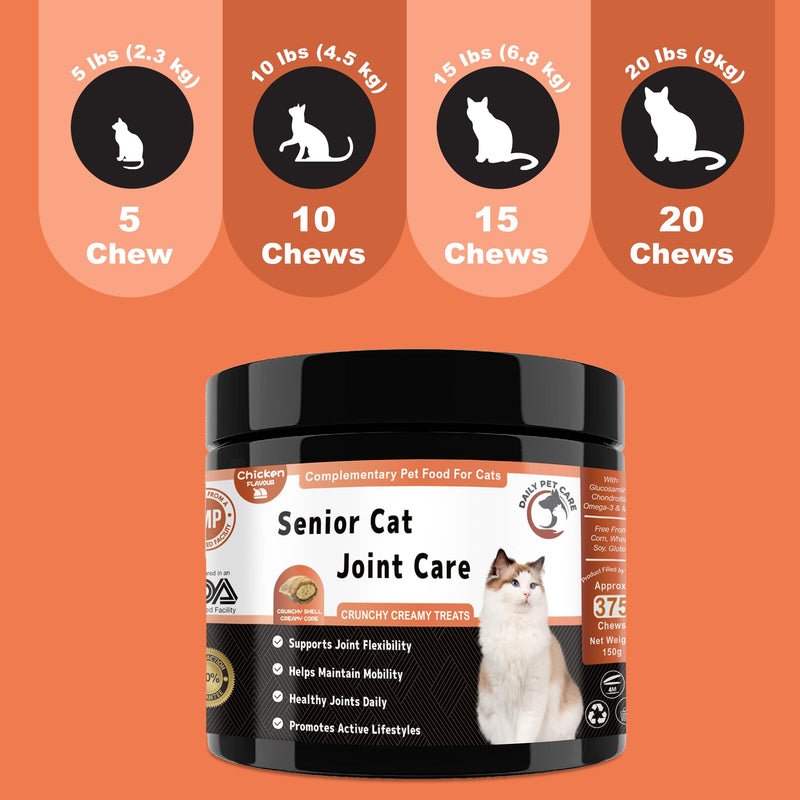 Senior Cat Joint Support Chews UK - Glucosamine, Chondroitin & Omega-3 for Mobility - with Green Lipped Mussel, MSM for Joint Pain Relief in Older Cats - Crunchy & Creamy Cat Treats