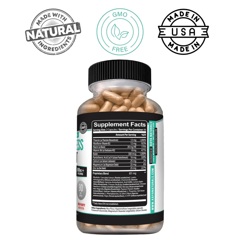 Kaya Naturals Daily Stress Support with Ashwagandha & GABA, 180 Capsules | Ashwagandha, GABA & L-Theanine, Rhodiola, Lemon Balm & Valerian, B Vitamins, Magnesium & Zinc, Daily Calm Support 180 Count (Pack of 1)