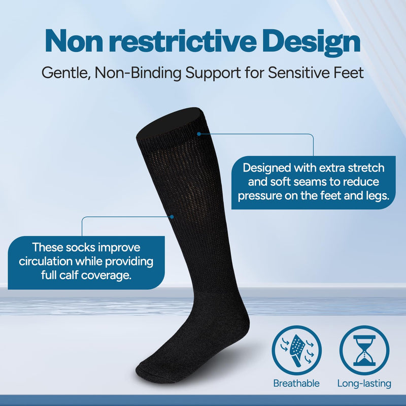 Debra Weitzner Diabetic Socks for Men and Women Over the Calf Knee High Cotton Socks Loose Fit 4 Pairs Black 10-13