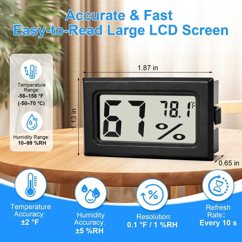 8-Pack Mini Digital Hygrometer Thermometer, Front-View Frame Adhesive for Mason Jar & Reptile Tank, Humidity Monitor for Garden, Greenhouse, Plants, RV, Office, Cellar 12-Month Battery Black - BeesActive Australia