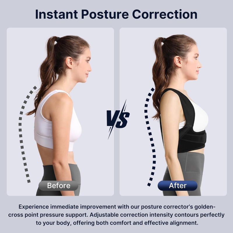 Fit Geno Posture Corrector for Women & Men: Adjustable Lightweight Upper Back Brace for Neck Shoulder & Upper Back Pain Relief - Improve Posture Correct Hunchback Slouching Invisible Under Clothes (M/L Under Bust 35" - 47") Black Medium/Large