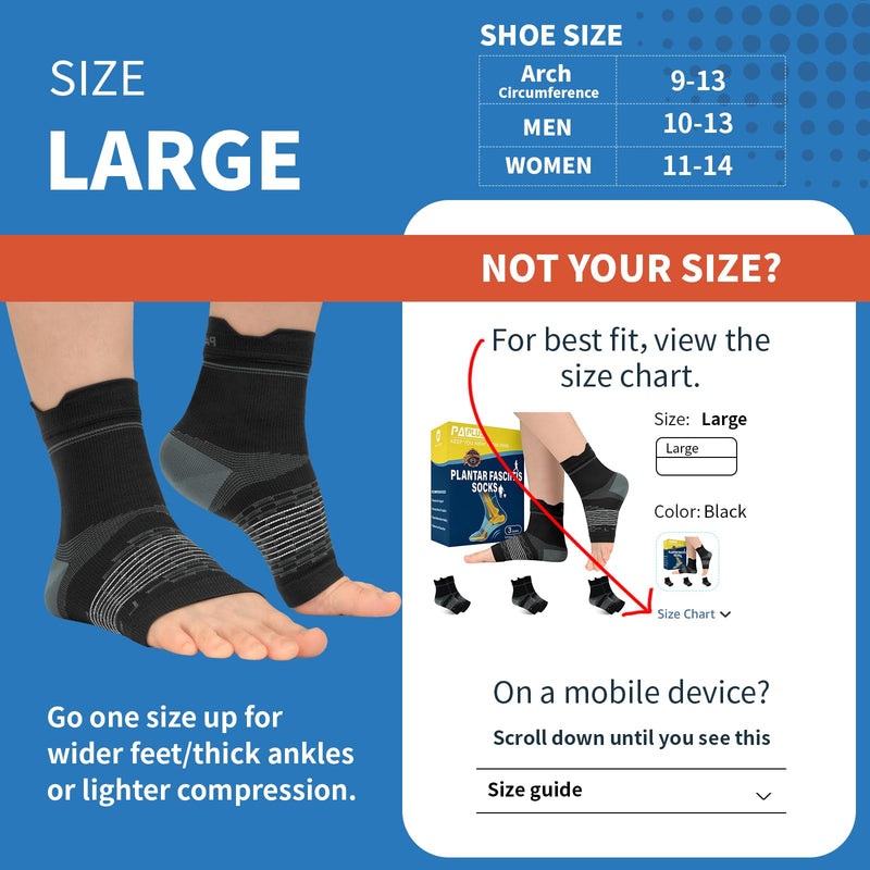 PAPLUS 3 Pairs Plantar Fasciitis Socks Women & Men - Ankle Compression Sleeve for Sprained Ankle, Heel Spur & Arch Support - Foot Brace for Achilles Tendonitis Relief, Arthritis Pain Black（3 pairs） Large - BeesActive Australia