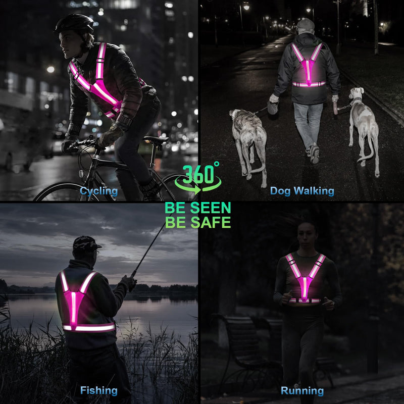 LED Reflective Running Vest Gear, Rechargeable 5 Lights Colors Adjustable Waist/Shoulder for Running Cycling Walking Pink - 2 Pack - BeesActive Australia