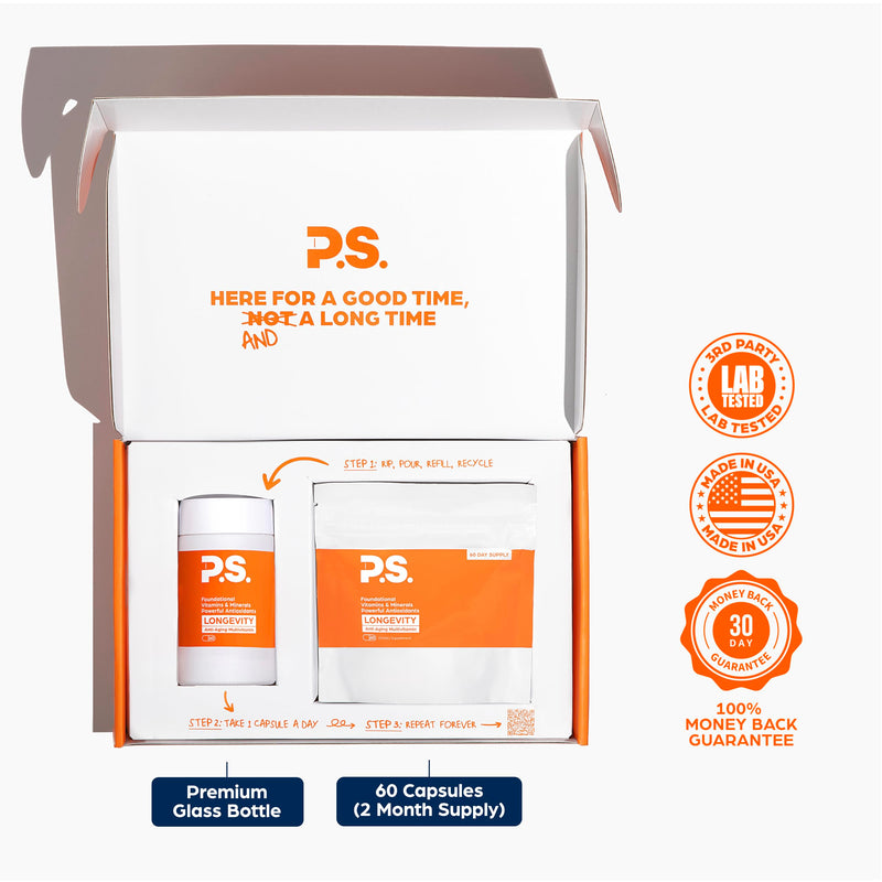 PS Longevity Methylated Multivitamin, B Vitamins & CoQ10, 60 Day Starter | 3rd party tested, 27 nutrients for cellular health, energy & memory for men & women, gluten free, vegan, non-GMO, no plastic 60-Day Starter