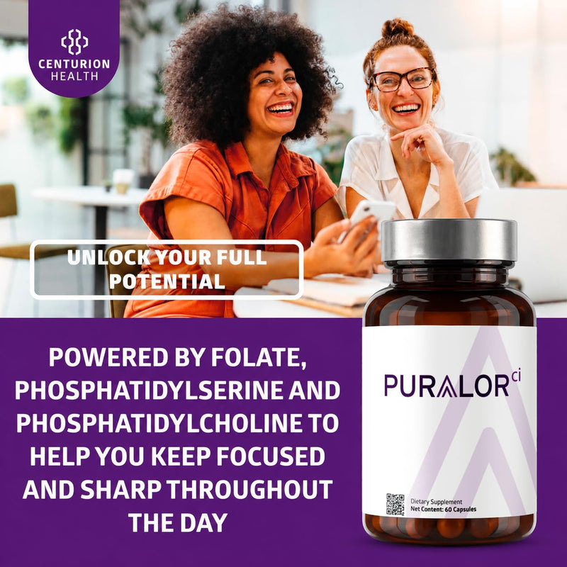 Centurion Puralor CI Brain Supplement for Memory and Focus with Folate, NADH, Vitamin B2, B6 and B12 for Teens and Adults, 60 Capsules