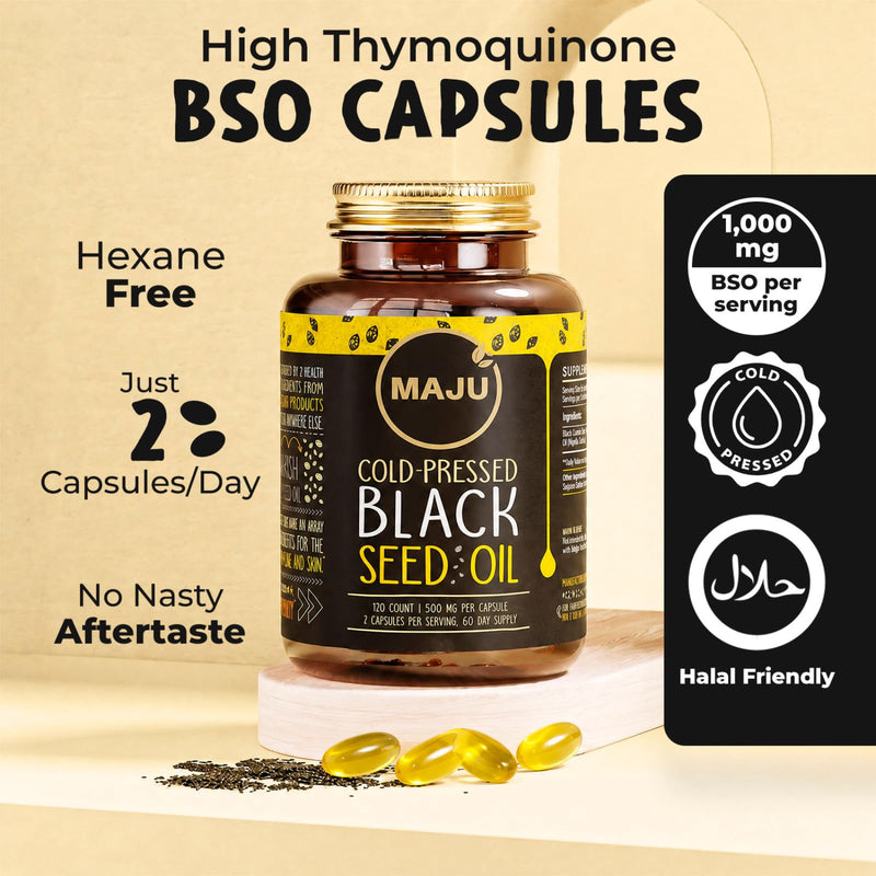 Maju Superfoods Black Seed Oil Capsules, Strong Cold Pressed, 3X Thymoquinone, 100% Turkish Black Cumin Nigella Sativa Seed Oil, Organic BSO, Liquid Blackseed, 120 Count, 500mg per Capsule 120 Count (Pack of 1)