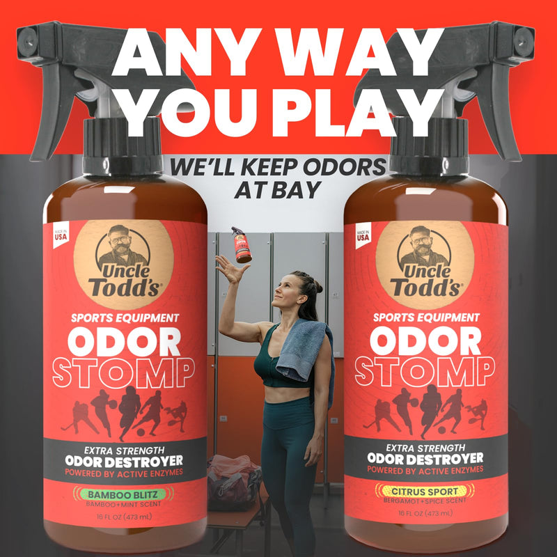 Uncle Todd’s Odor Stomp Sports Equipment Odor Eliminator Spray - Extra Strength Enzyme-Powered Deodorizer for Football, Hockey, Gym Bags, and Athletic Gear - Citrus Sport Scent - 16oz - BeesActive Australia