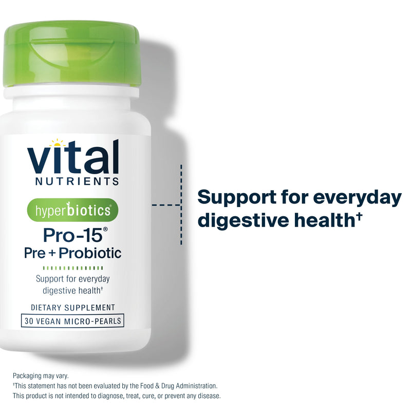 Hyperbiotics Vital Nutrients Pro-15 Prebiotics + Probiotics for Women and Men | 15 Science Backed Strains | Supports Occasional Constipation, Diarrhea, Gas & Bloating | 30 Vegan Time Release Pearls 30 Count (Pack of 1)