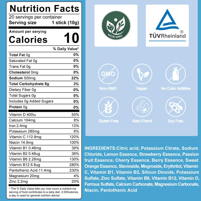 Electrolytes Powder Packets Sugar Free - Liquid Daily IV Drink Mix for Rapid Hydration & Party Recovery | 8 Vitamins & 7 Electrolytes | Non-GMO | No Color Additive |20 Sticks (V2-Lemon) V2-Lemon 7 Ounce (Pack of 1)